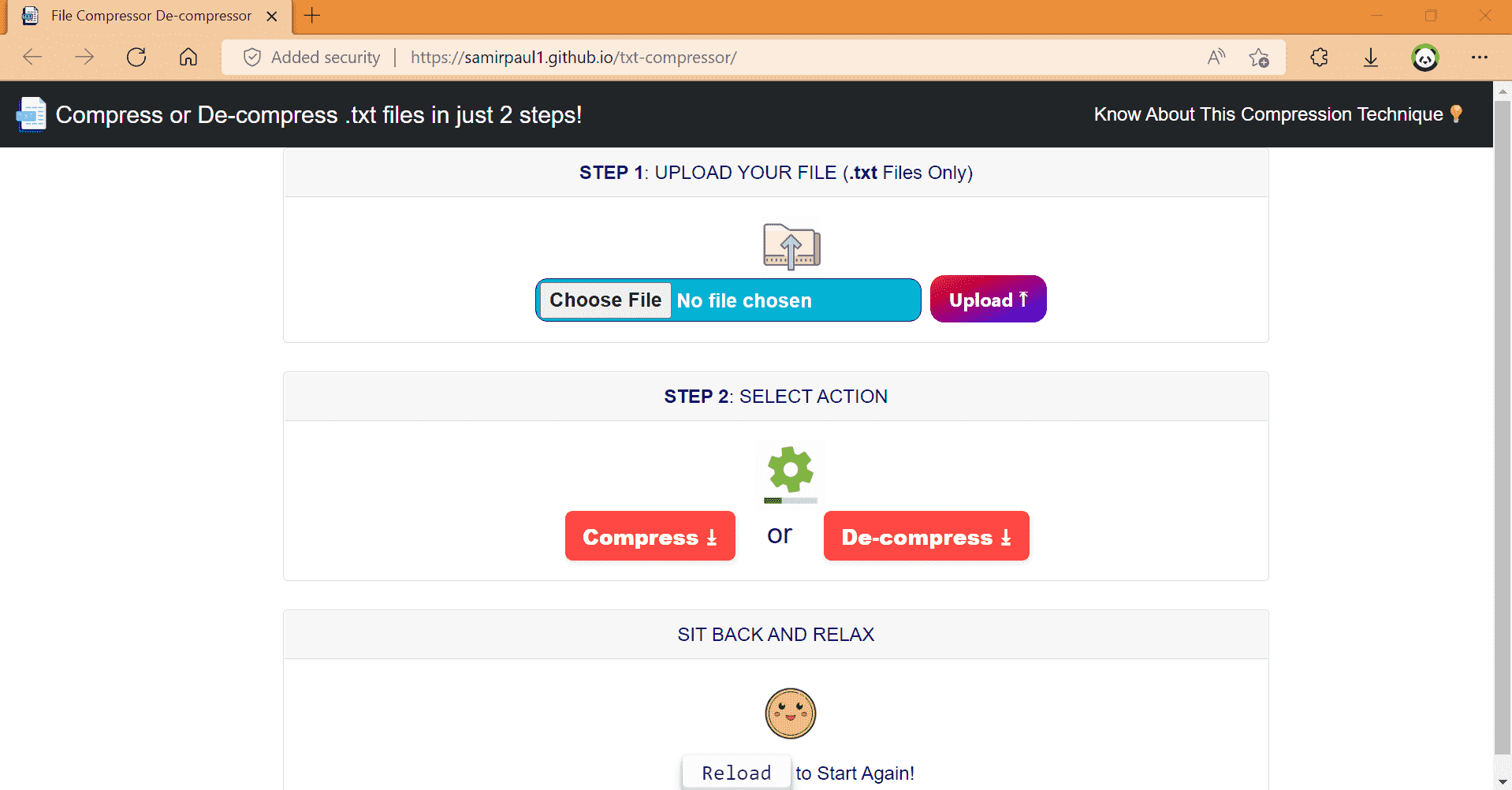 Text File Compressor Landing Page - Clean web interface with file upload button, Huffman coding algorithm explanation, compression/decompression toggle options, and responsive design for optimal user experience on desktop and mobile devices