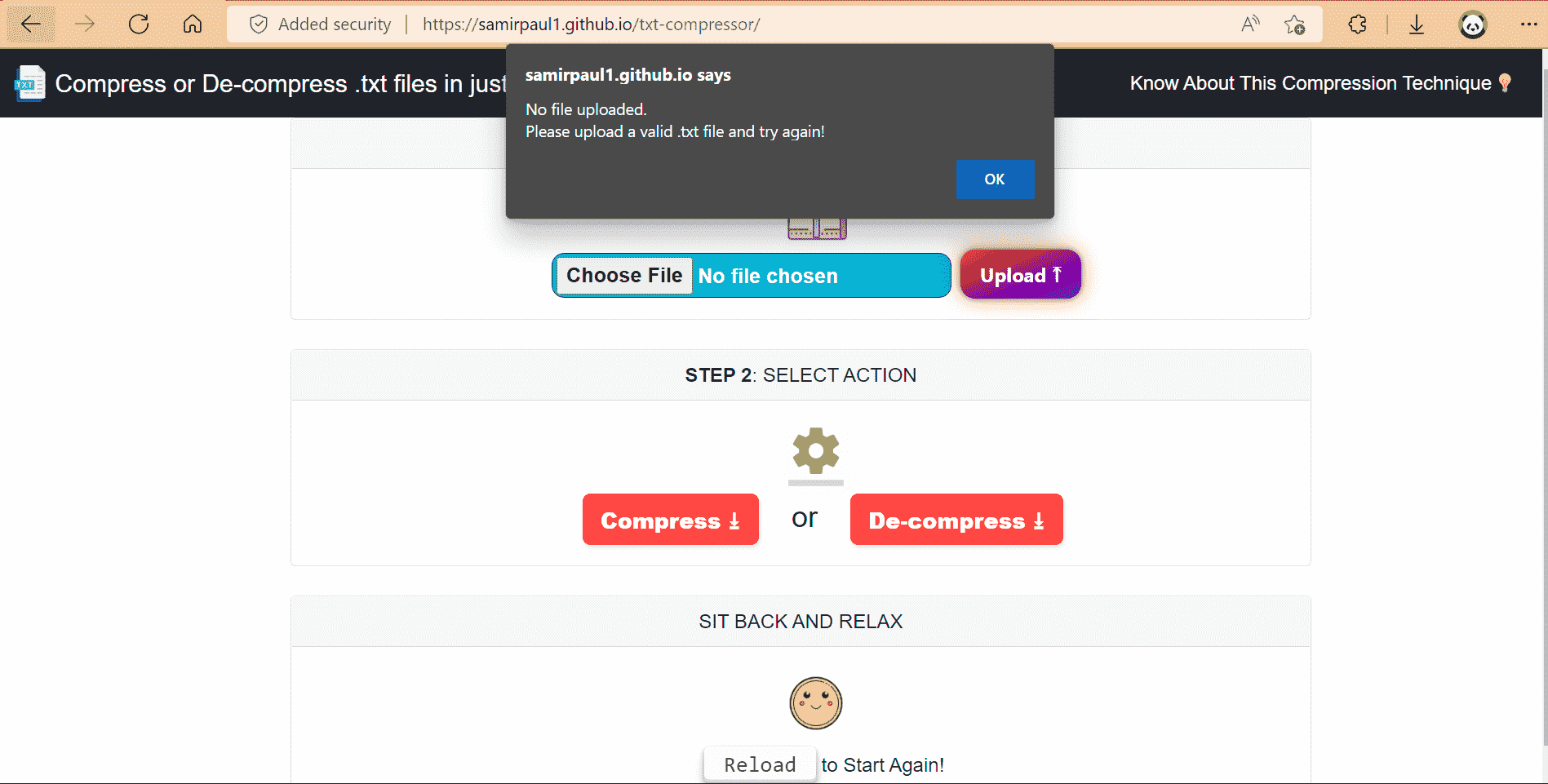 Error Message - No File Selected - User-friendly alert dialog prompting to upload a valid .txt file before attempting compression or decompression operation with clear call-to-action button