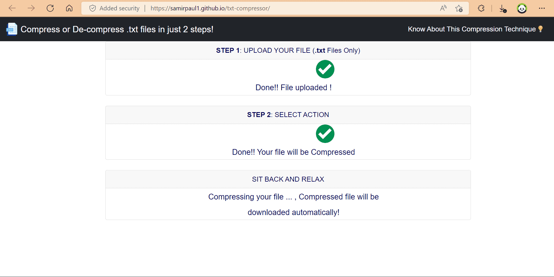 Action Selection Interface - Toggle buttons for choosing between Huffman compression to reduce file size by 35-40% or decompression to restore original file format with real-time processing status indicators
