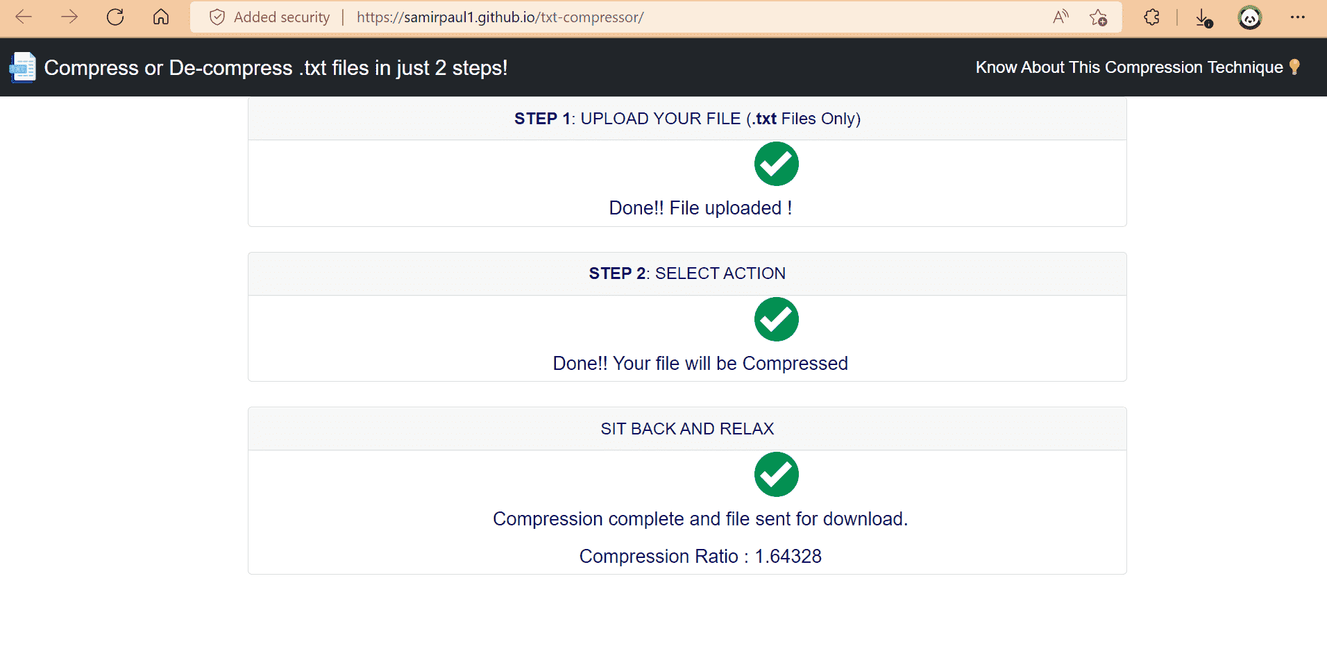 Compression Success - Results showing original file size, compressed file size, and achieved compression ratio percentage (35-40% reduction) with automatic download initialization and file statistics using Huffman encoding algorithm