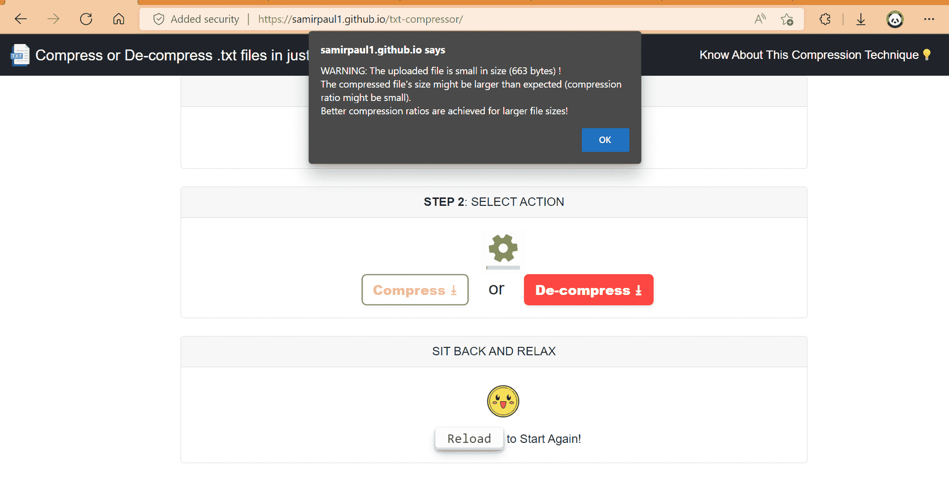 Warning - File Too Small for Compression - Alert message indicating uploaded file size is below minimum threshold for effective Huffman compression with suggestion to use larger text files for optimal results